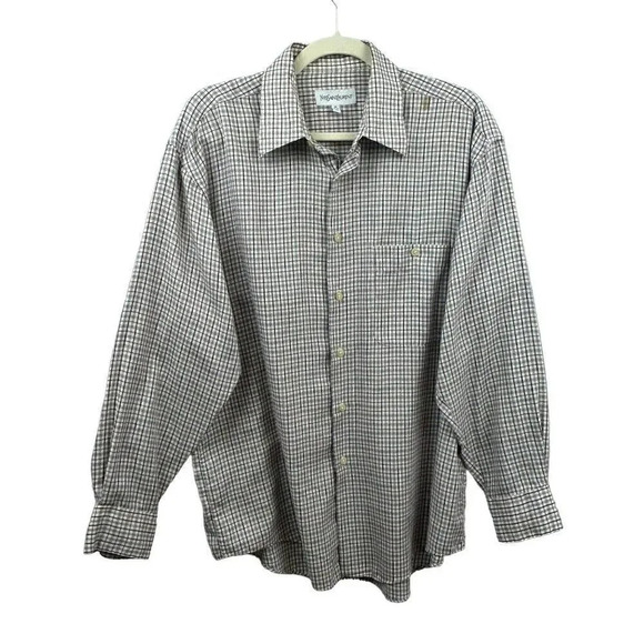 Yves Saint Laurent Shirt, Button Front, Check, Plaid, Blue White Red, Neck 16 - Picture 1 of 9